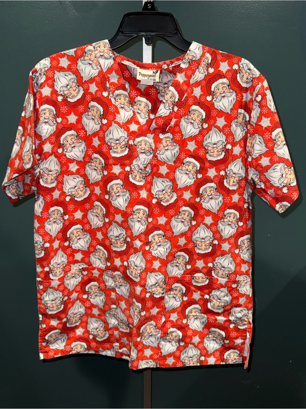 Peppermint Scrubs Red Santa Face Holiday Top